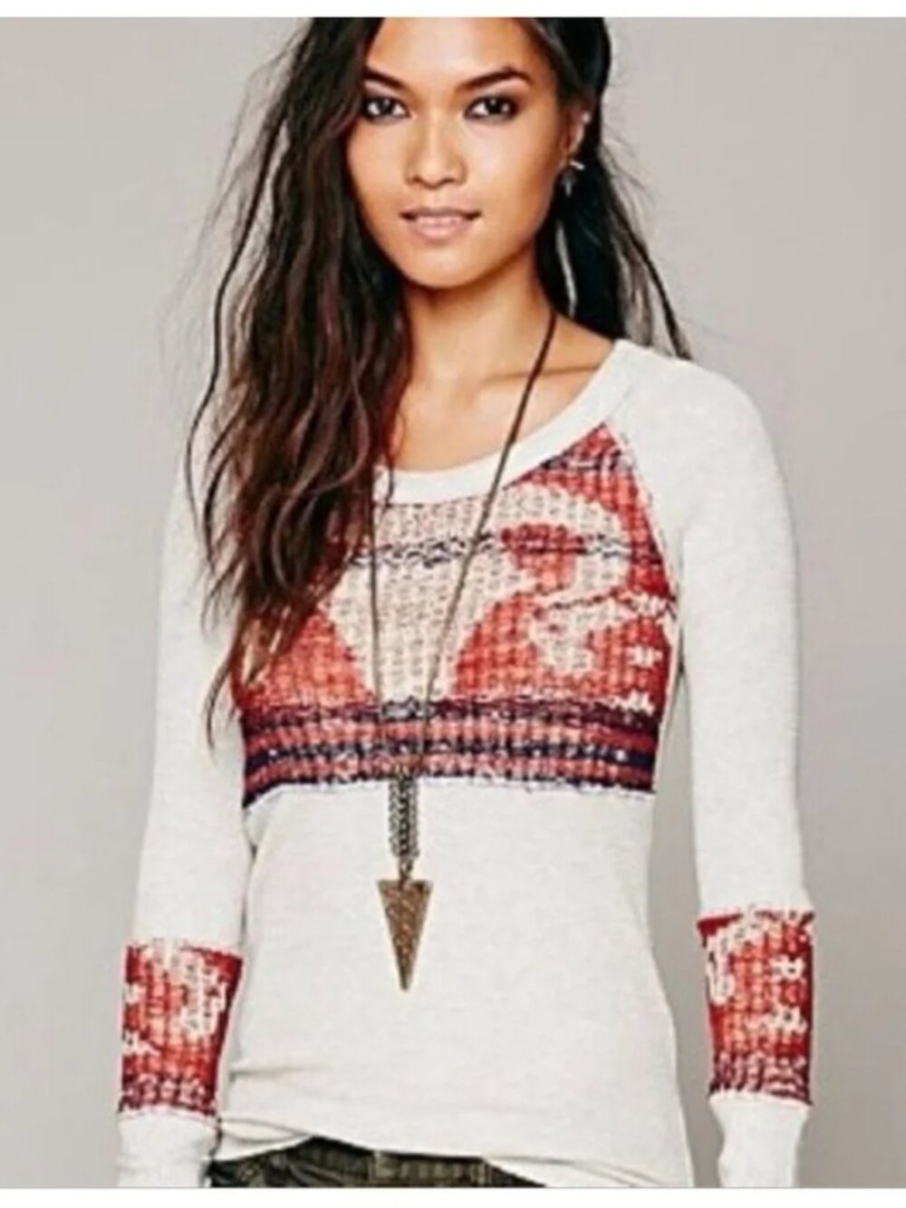 Rare Free People Longhorn Bambi Swit Thermal Sweater Top Boho Pattern Waffle S